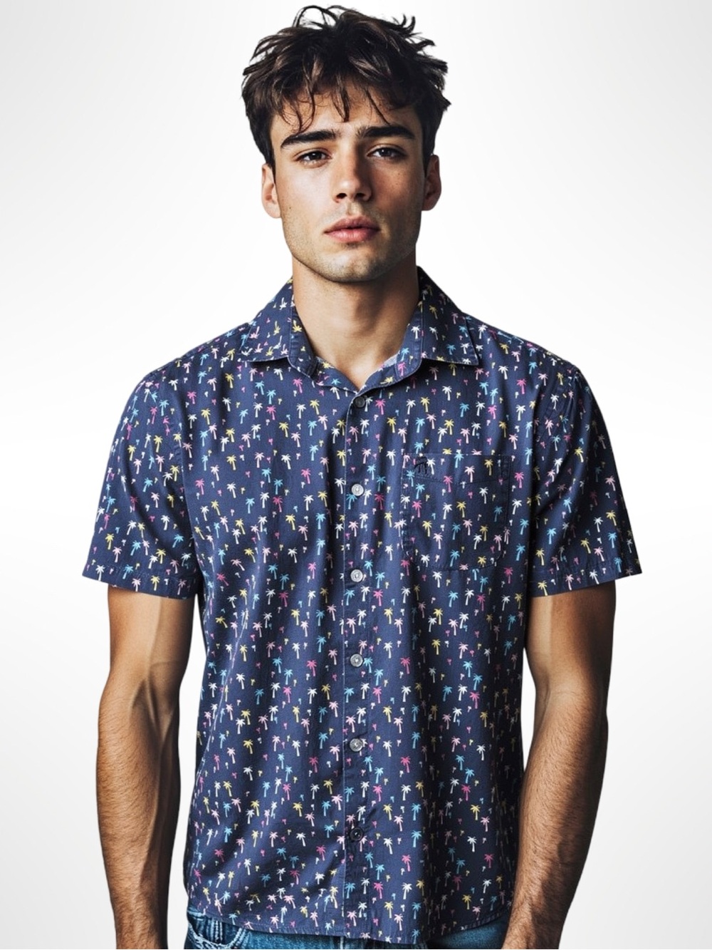 Original Penguin Heritage Slim Fit Short Sleeved Navy Palm Tree Button Down Sz M
